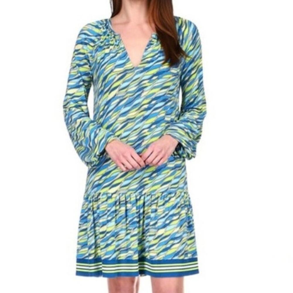 Michael Kors Blue Green V Neck Knee Length Drop Waist Dress Women's Medium